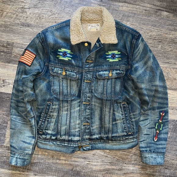 Ralph Lauren Other - Ralph Lauren Blue Denim Aztec Print MENS Jacket with Sherpa Collar